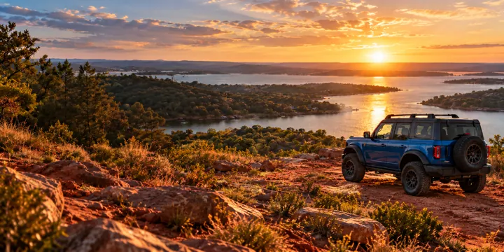 Blue Bronco over an Oklahoma sunset