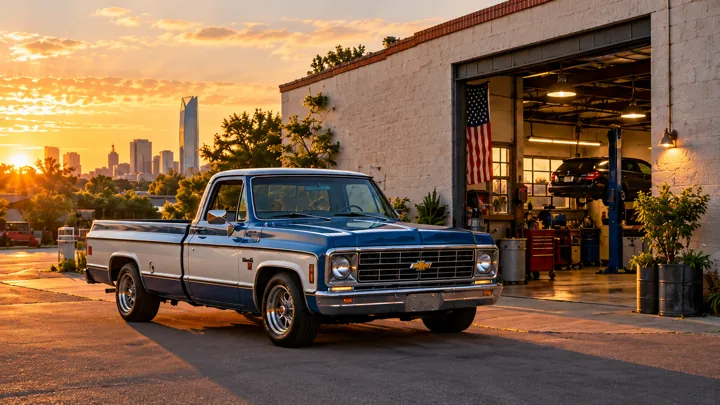 Vintage Chevrolet Pickup Outside Sunset Workshop