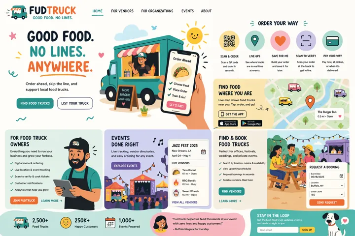 Colorful website interface for FudTruck, promoting food truck services and events