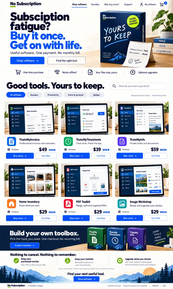 No Subscription software storefront mockup