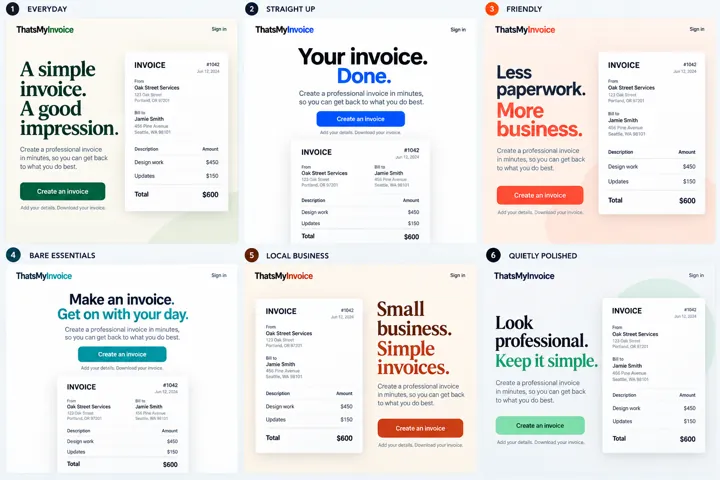 Six minimalist small-business invoice landing pages