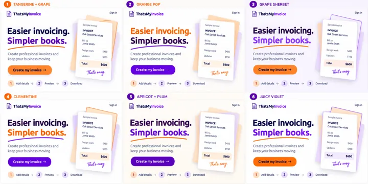 Six orange-and-purple invoice landing page studies