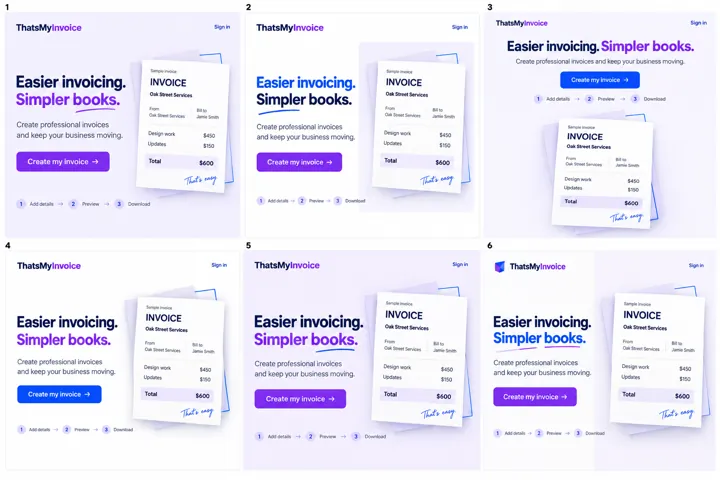 Six polished invoice homepage concepts