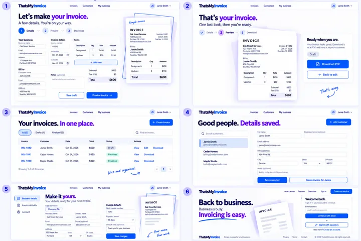 Six polished ThatsMyInvoice interface screens