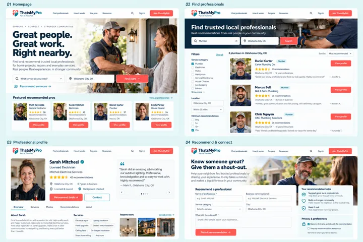 ThatsMyPro Website Mockups: Find, Trust, Recommend