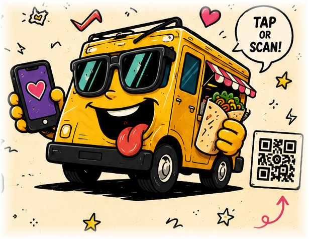 FŪDTRUCK mascot — a happy yellow food truck wearing sunglasses, holding a phone and a burrito