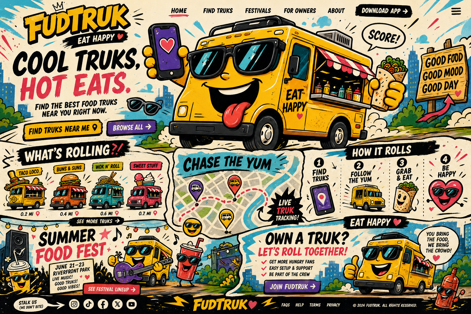 A richly illustrated FudTruk poster showing the smiling yellow food-truck mascot, nearby trucks, a live city map, how it works, a summer food festival, and a truck-owner invitation